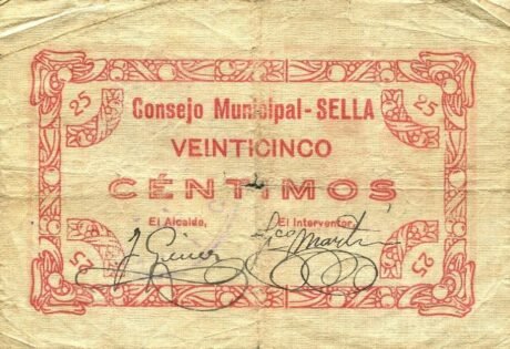 Аверс банкноты 25 centymów Sella (Hiszpania)
