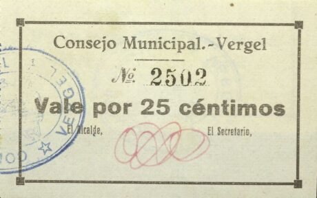 Аверс банкноты 25 centymów Vergel (Hiszpania)