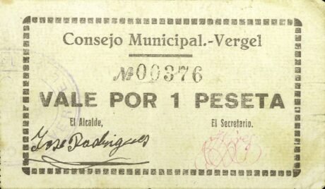 Аверс банкноты 1 peseta Vergel (Spain)