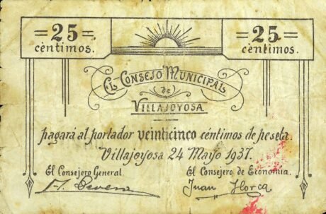Аверс банкноты 25 centymów Villajoyosa (Hiszpania) 1937
