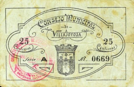 Реверс банкноты 25 centymów Villajoyosa (Hiszpania) 1937