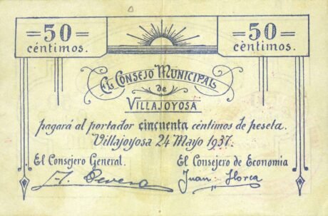 Аверс банкноты 50 сантимов Вильяхойоса (Испания) 1937 года