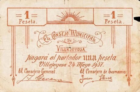 Аверс банкноты 1 peseta Villajoyosa (Hiszpania) 1937