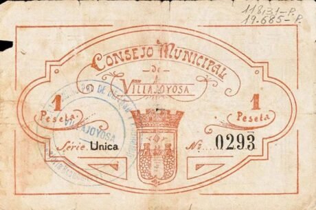 Реверс банкноты 1 peseta Villajoyosa (Hiszpania) 1937