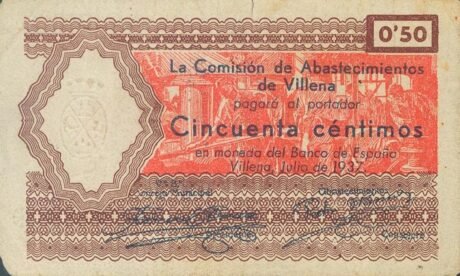 Аверс банкноты 50 сантимов Вильена (Испания) 1937 года