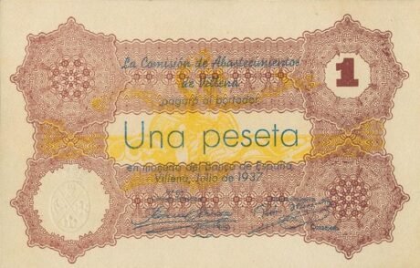 Аверс банкноты 1 peseta Villena (Spain) 1937