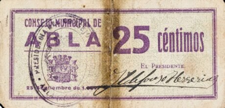 Аверс банкноты 25 centymów Abla (Hiszpania) 1937