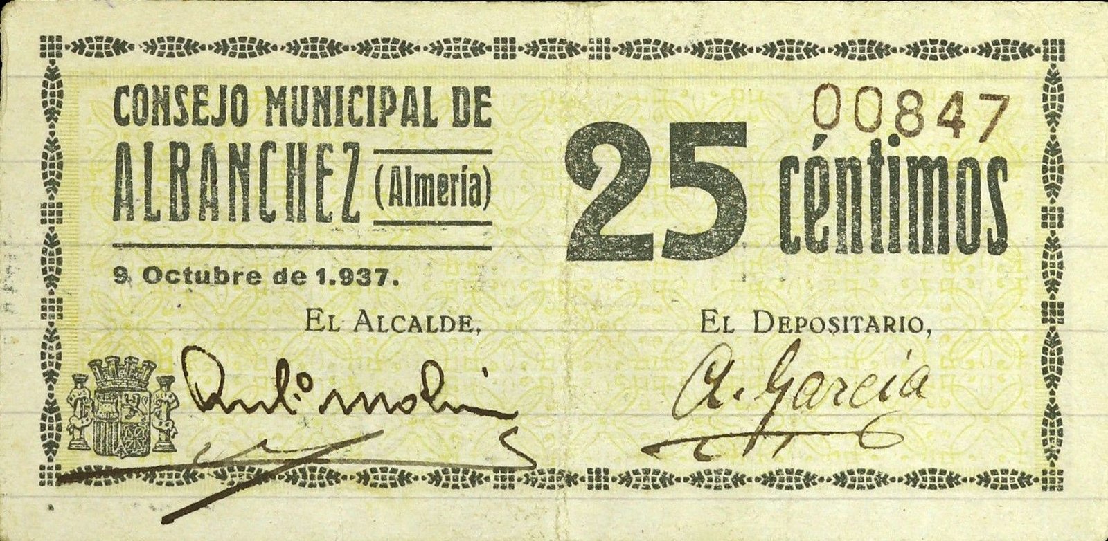 Аверс банкноты 25 сантимов Альбанчес (Испания) 1937 года
