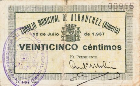 Аверс банкноты 25 centymów Albanches (Hiszpania) 1937