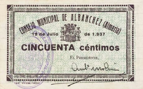 Аверс банкноты 50 centymów Albanches (Hiszpania) 1937