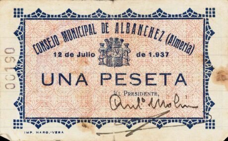 Аверс банкноты 1 peseta Albanchez (Hiszpania) 1937