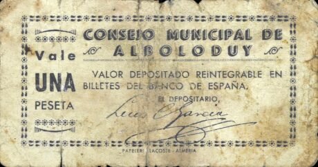 Аверс банкноты 1 песета Алболодуй (Испания)