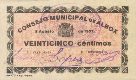 Аверс банкноты 25 сантимов Альбокс (Испания) 1937 года