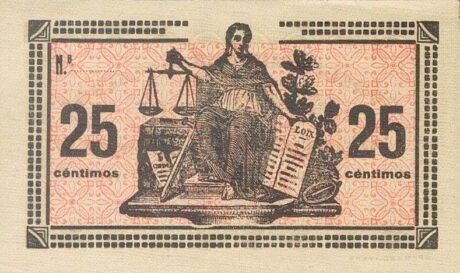 Реверс банкноты 25 сантимов Альбокс (Испания) 1937 года