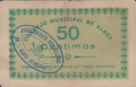 Аверс банкноты 50 сантимов Альбокс (Испания) 1937 года