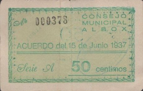 Реверс банкноты 50 сантимов Альбокс (Испания) 1937 года