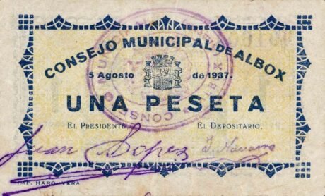 Аверс банкноты 1 песета Альбокс (Испания) 1937 года