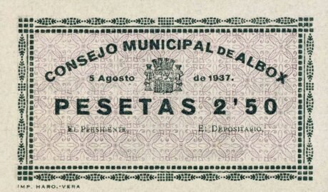 Аверс банкноты 2,50 песеты Альбокс (Испания) 1937 года