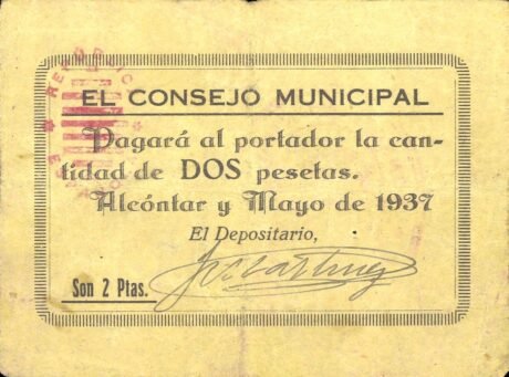 Аверс банкноты 2 песеты Альконтар (Испания) 1937 года
