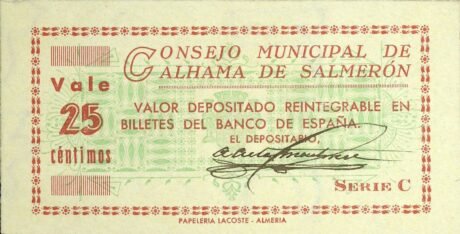 Аверс банкноты 25 сантимов Альхама де Сальмерон (Испания)