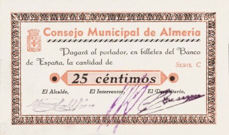 Аверс банкноты 25 сантимов Альмерия (Испания)