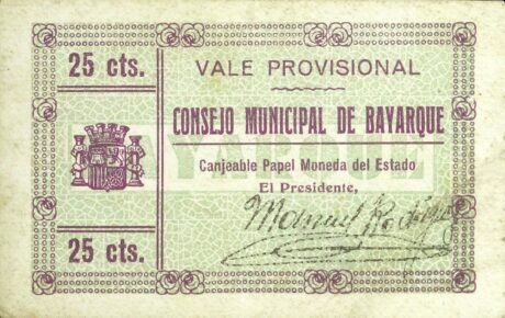 Аверс банкноты 25 centymów Bayarque (Hiszpania)
