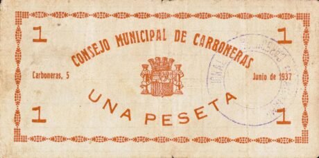 Аверс банкноты 1 песета карбонерас (Испания) 1937 года