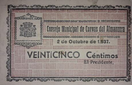 Аверс банкноты 25 centymów Cuevas del Almanzora (Hiszpania) 1937