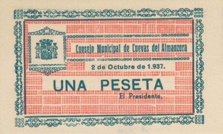 Аверс банкноты 1 peseta Cuevas del Almanzora (Hiszpania) 1937