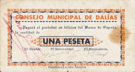 Аверс банкноты 1 peseta Dalias (Spain)