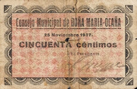 Аверс банкноты 50 centymów Dona Maria Ocaña (Hiszpania) 1937