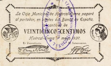 Реверс банкноты 25 сантимов Уэркаль-Овера (Испания) 1937 года