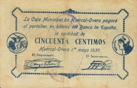 Реверс банкноты 50 centymów Huercal Overa (Hiszpania) 1937