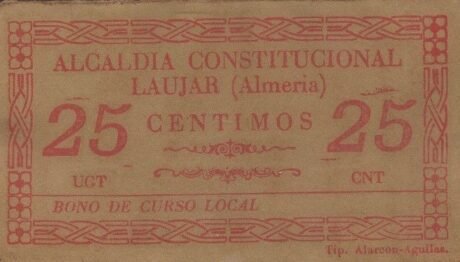 Аверс банкноты 25 сантимов Лаухар (Испания)