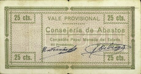 Аверс банкноты 25 сантимов Любрин (Испания)