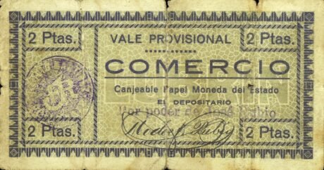 Аверс банкноты 2 песеты Любрин (Испания)