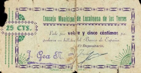 Аверс банкноты 25 сантимов Лукайнена де лас Торрес (Испания)