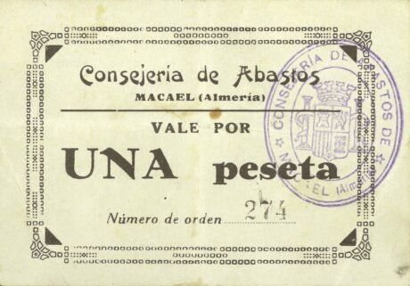 Аверс банкноты 1 peseta Macael (Spain)