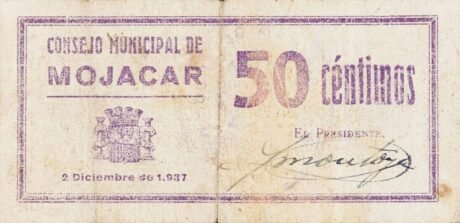 Аверс банкноты 50 сантимов Мохакар (Испания) 1937 года