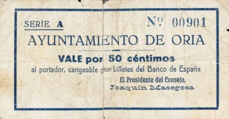 Аверс банкноты 50 centymów Oria (Hiszpania)