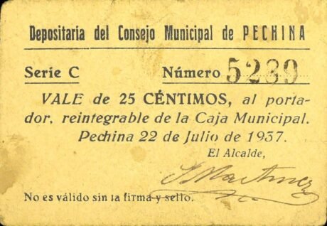 Awers banknotu 25 centymów Pechina (Hiszpania) 1937