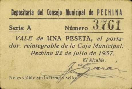 Аверс банкноты 1 Peseta Pechina (Hiszpania) 1937