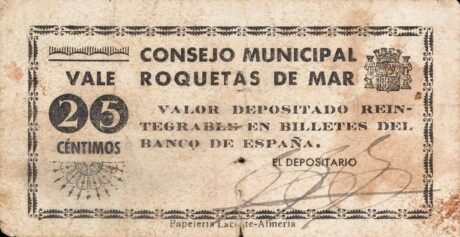 Аверс банкноты 25 сантимов Рокетас де Мар (Испания)