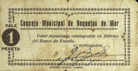 Аверс банкноты 1 песета Рокетас де Мар (Испания)