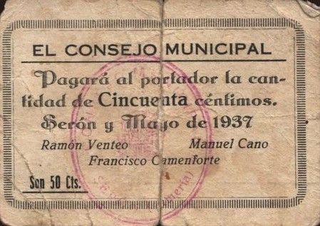 Аверс банкноты 50 сантимов Серон (Испания) 1937 года