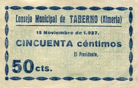 Аверс банкноты 50 сантимов Таберно (Испания) 1937 года