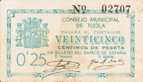 Аверс банкноты 25 centymów Tihola (Hiszpania)