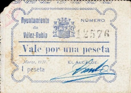 Аверс банкноты 1 Песета Велес-Рубио (Испания) 1937 года