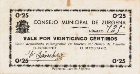 Аверс банкноты 25 centymów Zurgen (Hiszpania)