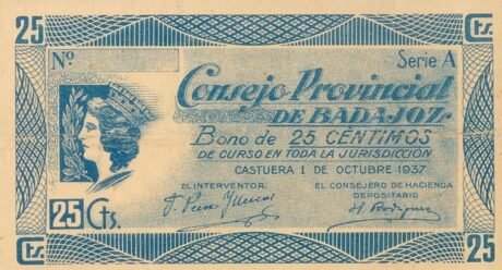 Аверс банкноты 25 centymów Badajoz (Hiszpania) 1937